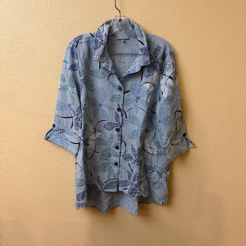 Habitat "Scattered Leaves" Button-Up Shirt blue artsy lightweight no iron M